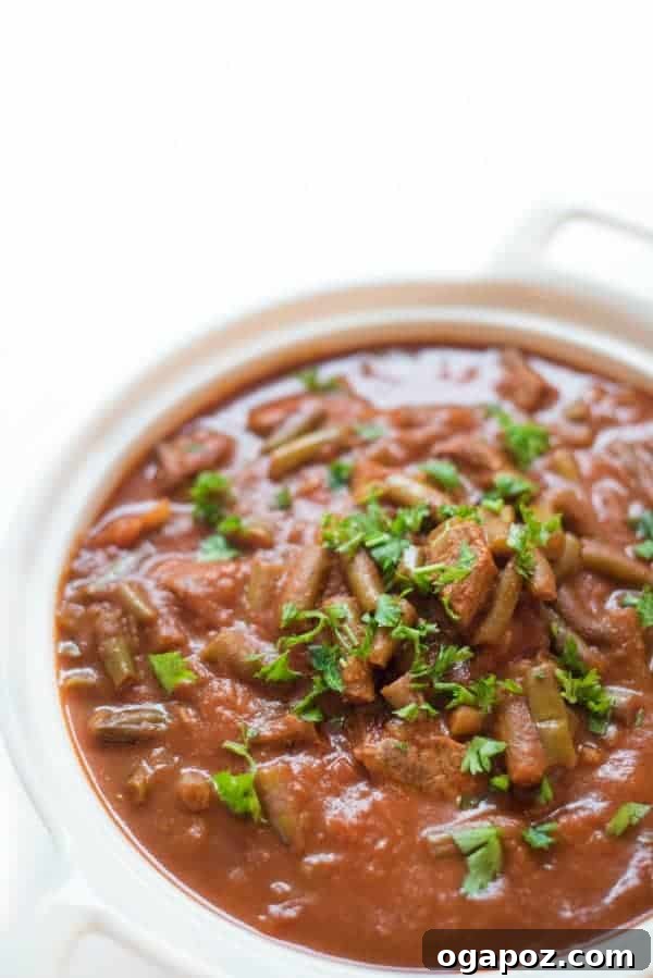 Hearty Slow Cooker Lebanese Green Beans and Beef stew, with tender beef chunks and green beans in a rich tomato sauce, served in a bowl.