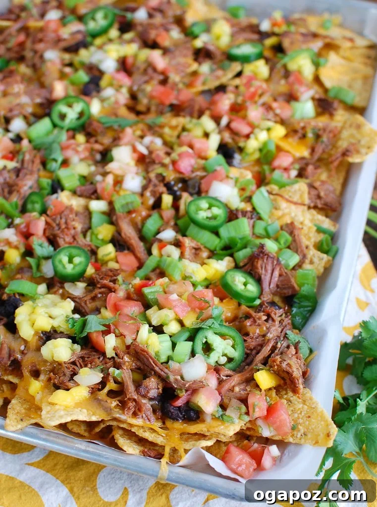 Ultimate Beef Nacho Platter 2 A large sheet pan filled with perfectly baked Beef Nachos, featuring generous layers of slow cooker shredded beef, melted cheese, black beans, and fresh toppings.