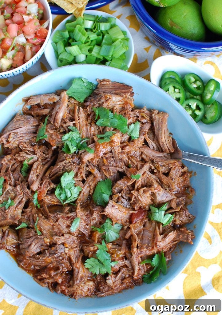 Ultimate Beef Nacho Platter 3 A close-up view of a blue bowl filled with rich, tender slow cooker shredded beef, perfectly cooked and ready to be layered onto nachos.