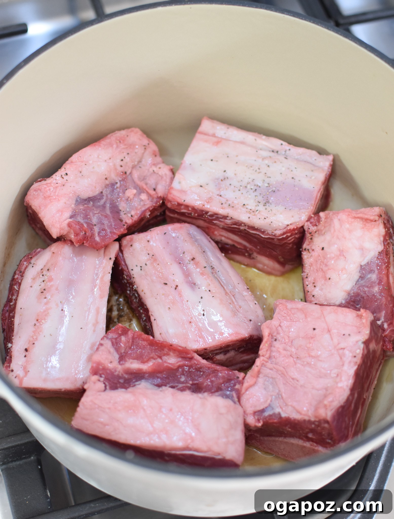 Meltingly Tender Slow Cooker Italian Short Ribs 3 Searing Italian Short Ribs in a Dutch oven before slow cooking.