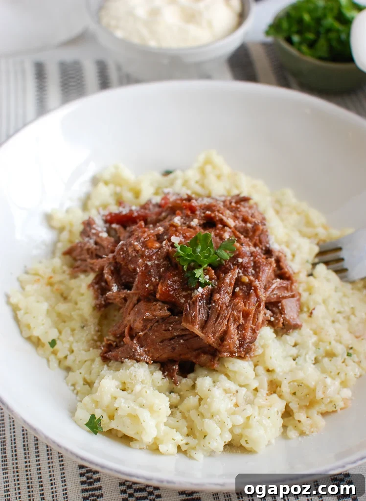 Meltingly Tender Slow Cooker Italian Short Ribs 5 Close-up of Slow Cooker Italian Short Ribs in a white bowl with steam rising.