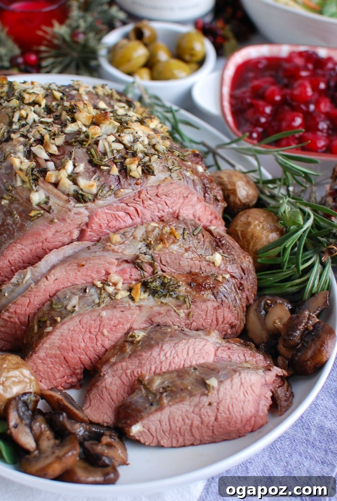 Ultimate Roast Beef Perfection 2 Perfectly roasted rosemary and garlic beef roast, ready to be sliced for a festive meal.