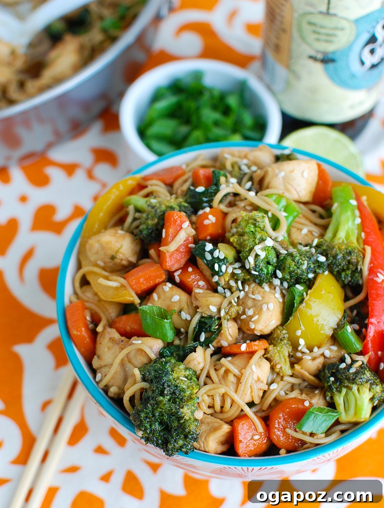 Flavorful Chicken Ramen Stir Fry 5 Close-up of Easy Chicken Ramen Noodle Stir Fry in a bowl, ready to be eaten.