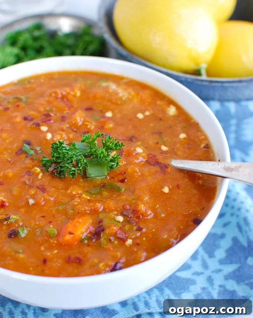 A close-up of Slow Cooker Lentil Soup in a white bowl, with a spoon revealing its rich texture and colorful vegetables.