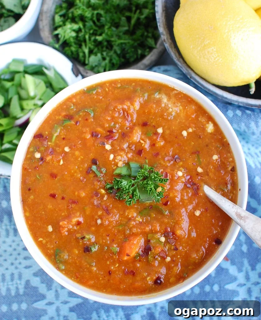 An overhead shot of Slow Cooker Lentil Soup, showcasing its texture and hearty ingredients, ready to be served.