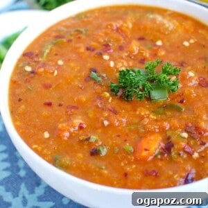 Finished Slow Cooker Lentil Soup in a bowl