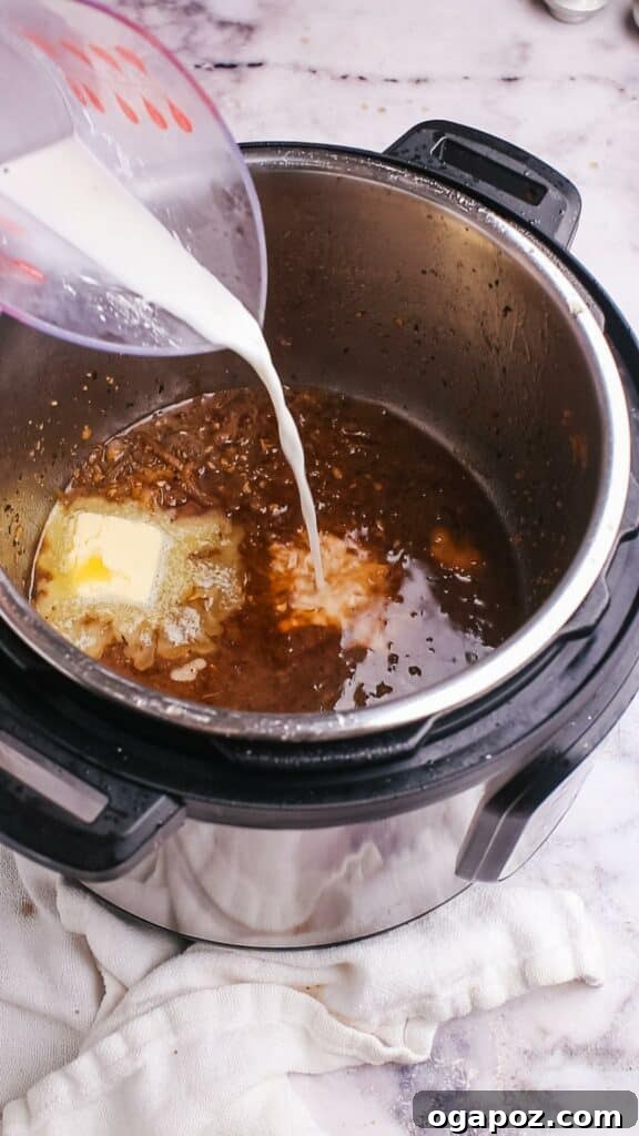 Instant Pot Steak: Fork-Tender Perfection with Savory Pan Sauce 13 Adding cornstarch slurry to the pan sauce in the Instant Pot.