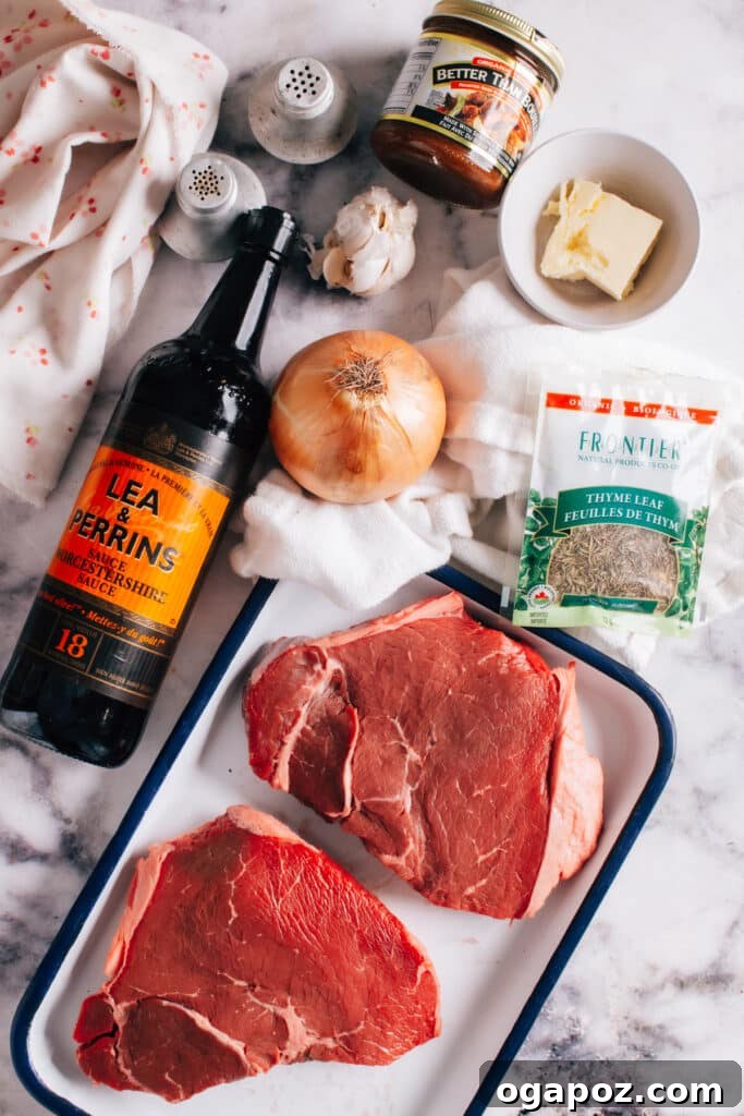 Instant Pot Steak: Fork-Tender Perfection with Savory Pan Sauce 3 Ingredients for Instant Pot Steak laid out.