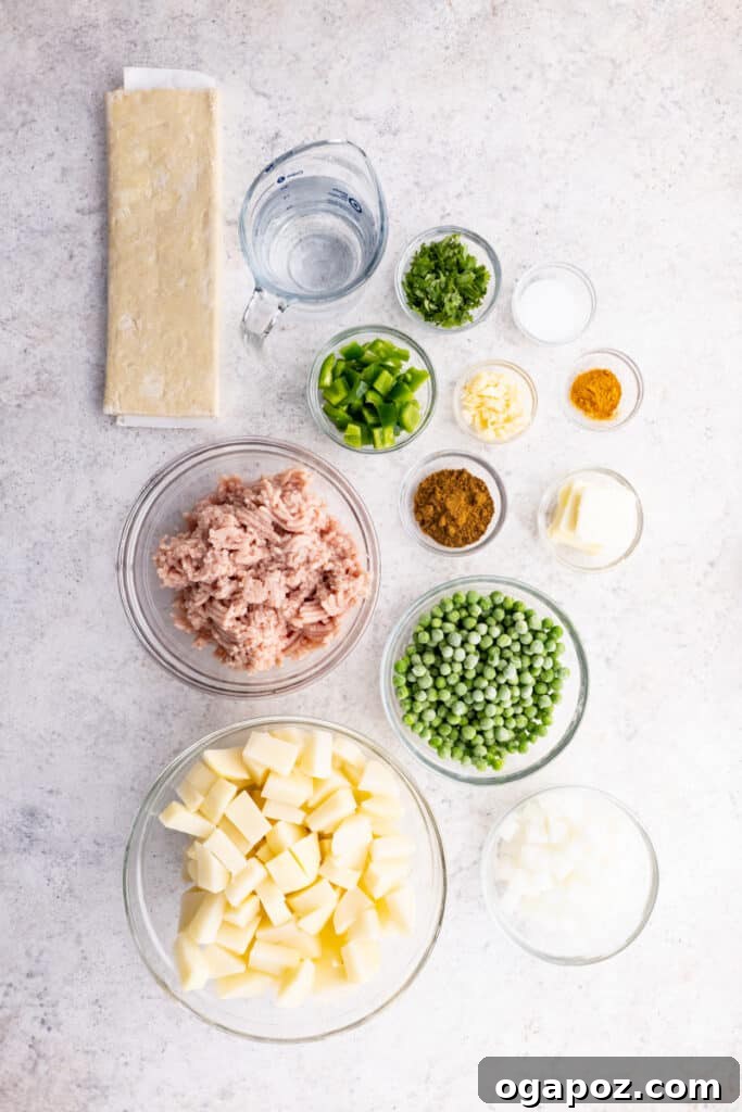 Visual guide showing the various ingredients and preparation steps for making Samosa Pie