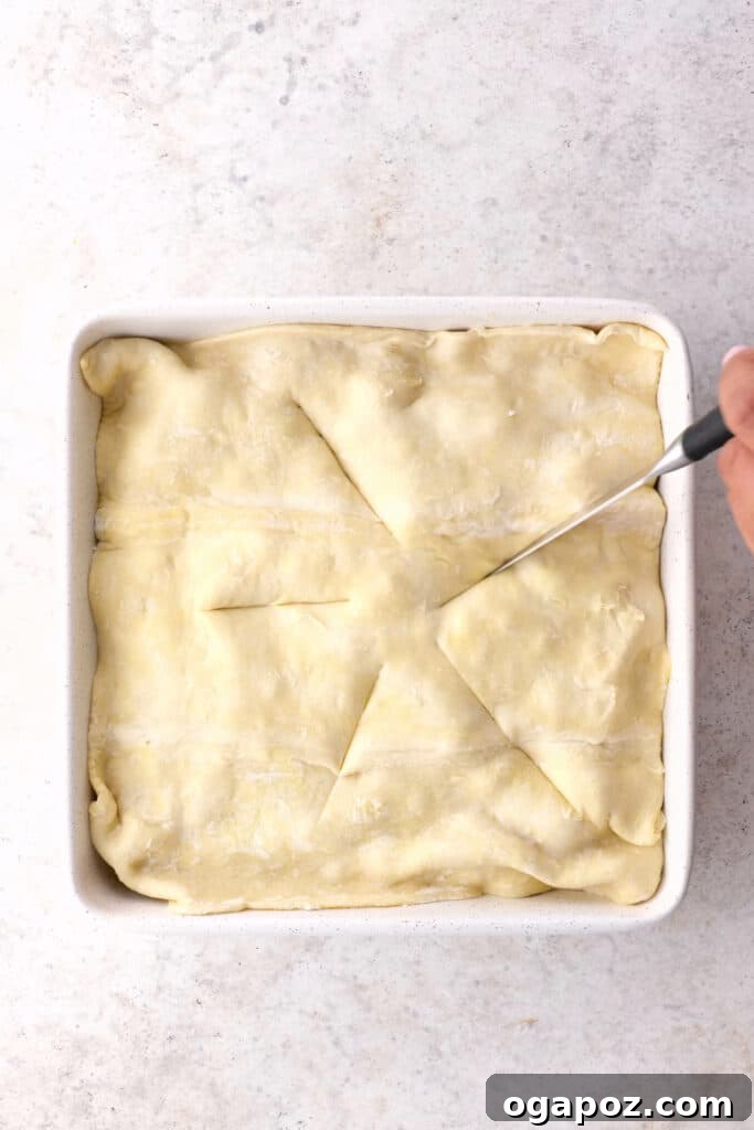 The Samosa Pie crust, artfully scored with steam vents, just before baking to ensure a perfectly crispy top