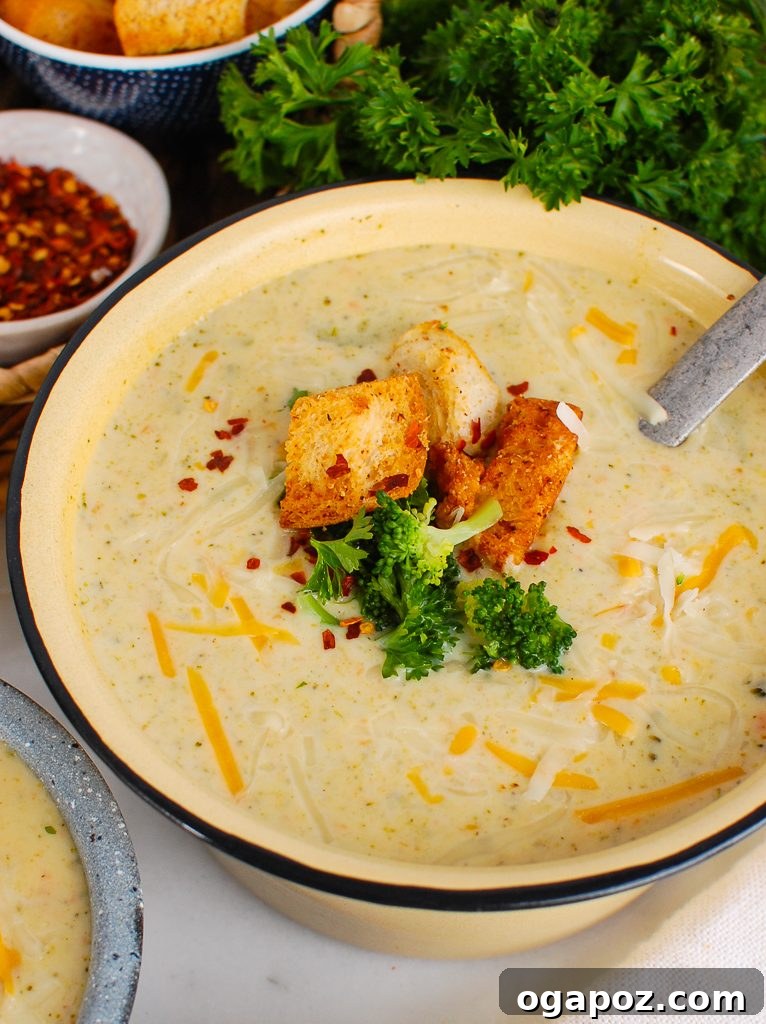 Velvety Instant Pot Cheesy Broccoli Soup 2 Instant Pot Broccoli Cheese Soup with Ladle served in a bowl, garnished with croutons and parsley