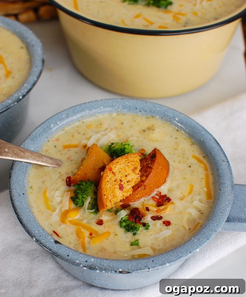 Velvety Instant Pot Cheesy Broccoli Soup 3 Instant Pot Broccoli Cheese Soup served in a blue mug