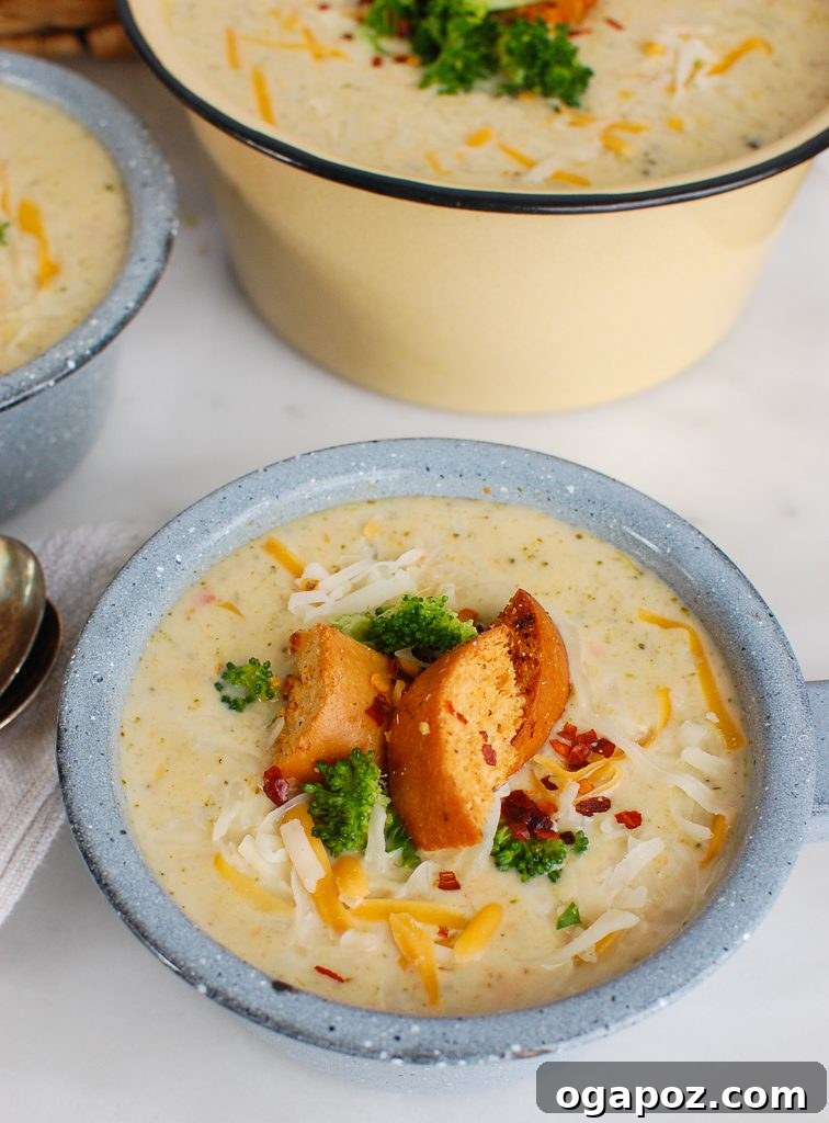 Velvety Instant Pot Cheesy Broccoli Soup 4 Instant Pot Broccoli Cheese Soup garnished with croutons and fresh parsley