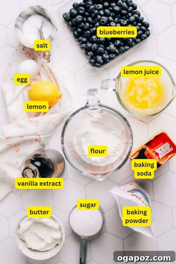 Blueberry Lemon Sour Cream Muffins 3 A curated display of fresh ingredients for lemon blueberry sour cream muffins, including flour, sugar, baking agents, butter, sour cream, vanilla, egg, vibrant lemons, and plump blueberries, arranged on a clean kitchen countertop.