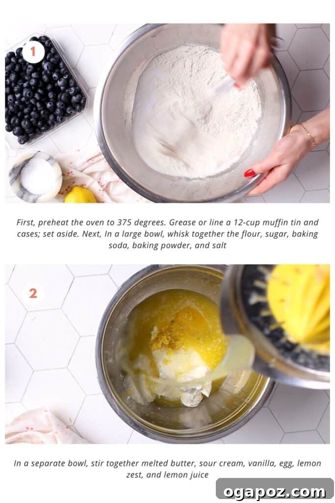 Blueberry Lemon Sour Cream Muffins 4 Two separate bowls on a kitchen counter: one holds dry ingredients like flour, sugar, baking soda, and baking powder, while the other contains wet ingredients such as eggs, sour cream, melted butter, lemon juice, and vanilla extract, ready to be combined.