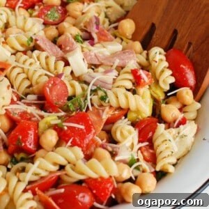 Savory Italian Pasta Medley 7 A close-up shot of the delicious Italian Pasta Salad, showing the rich texture and ingredients.