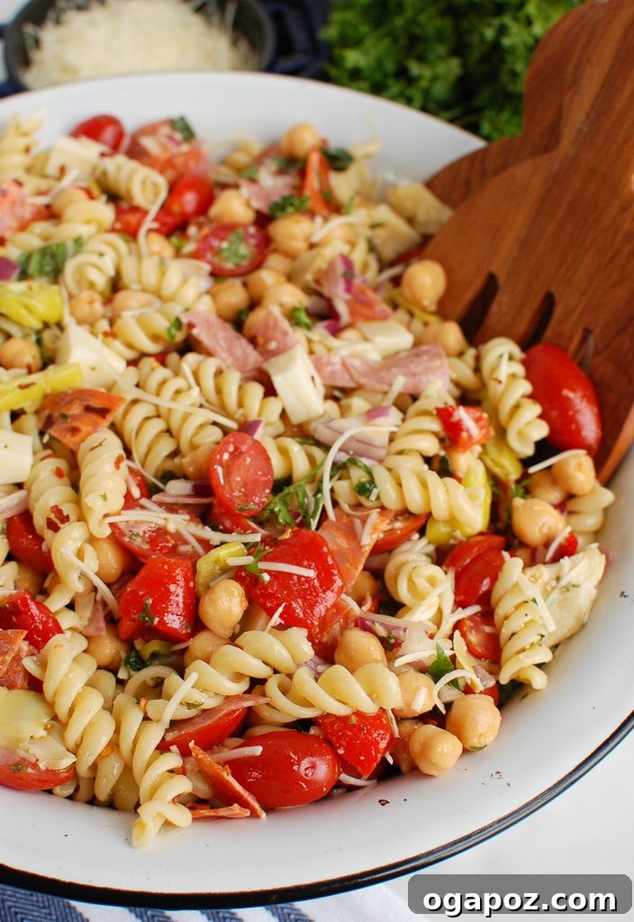 Savory Italian Pasta Medley 6 A side profile view of a bowl of Italian Pasta Salad with all its delicious components.