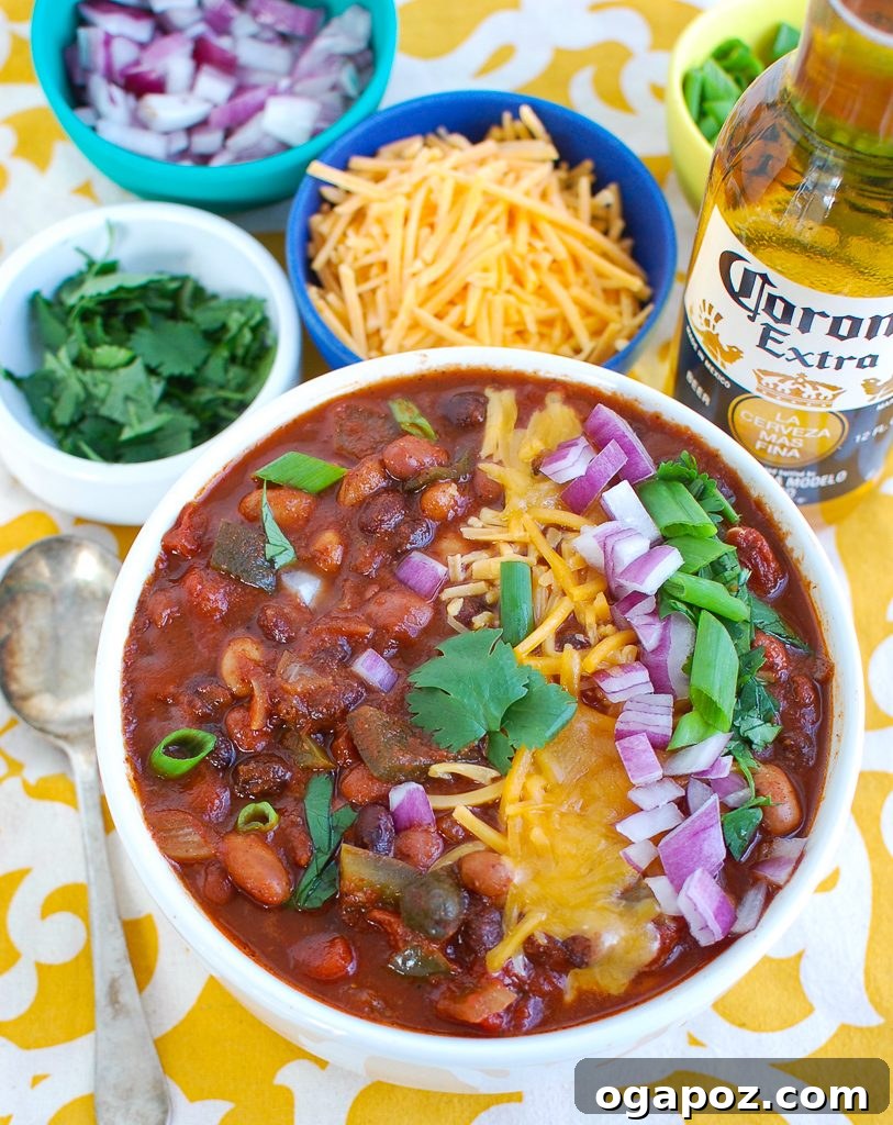 Hearty Slow Cooker Vegetarian Chili 4 Overhead view of Slow Cooker Vegetarian Chili, showcasing its vibrant color and hearty texture, ready to be served.