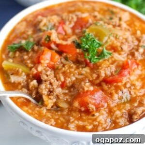 Instant Pot Stuffed Pepper Soup served in a rustic bowl.