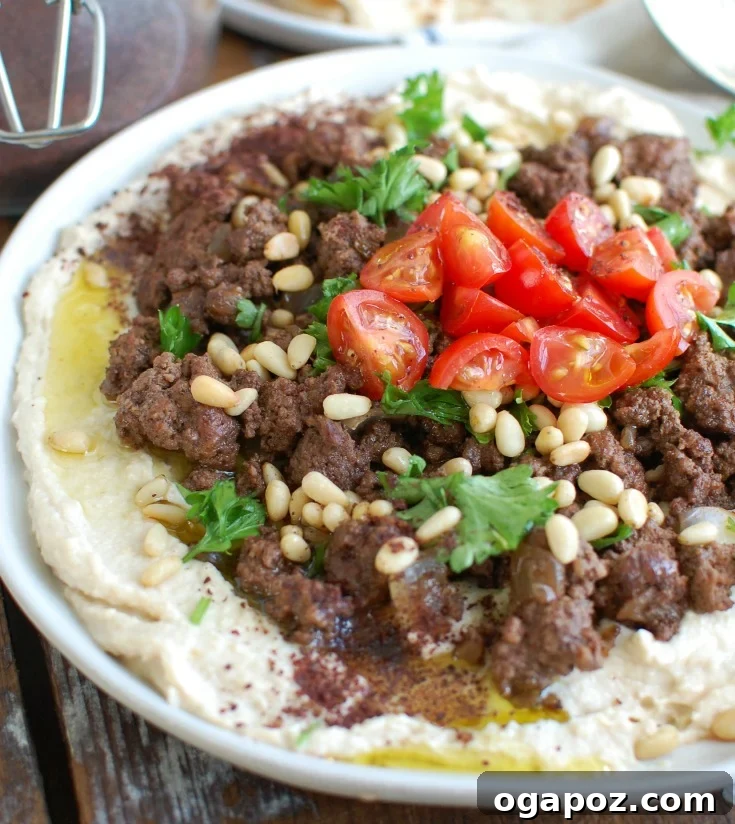 Hummus topped with Spiced Beef and Toasted Pine Nuts