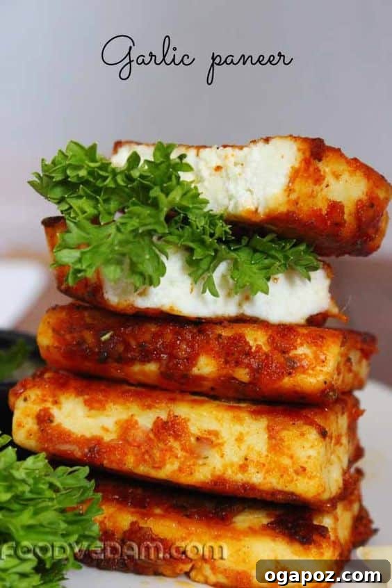 Paneer Perfection: 52+ Recipes for Every Palate 31 Crispy Garlic Paneer, a delightful appetizer reminiscent of haloumi cheese, infused with aromatic herbs and spices.