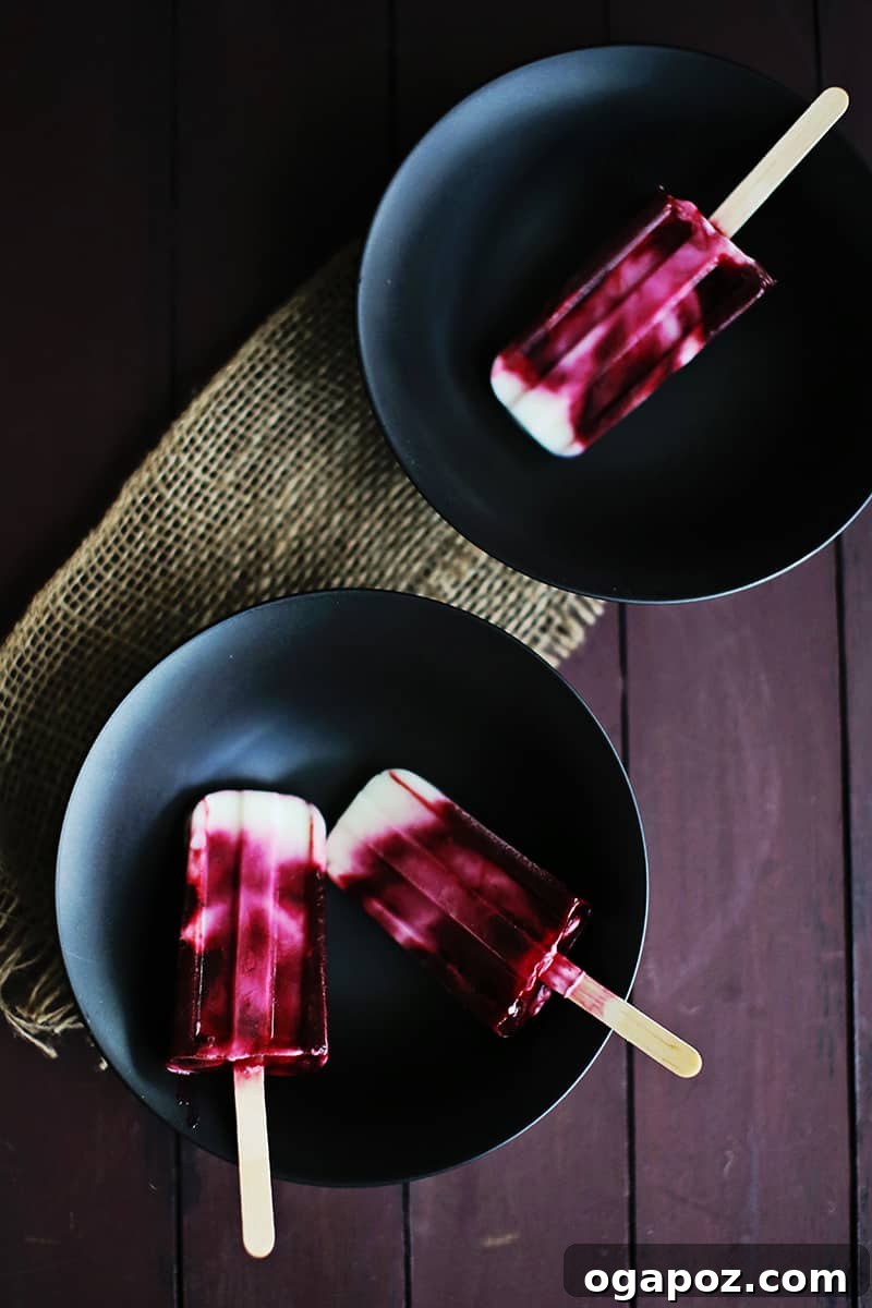 Blackberry Ripple Froyo Pops 2 A close-up shot of vibrant pink and white swirled raspberry yogurt popsicles, ready to be enjoyed on a hot summer day.