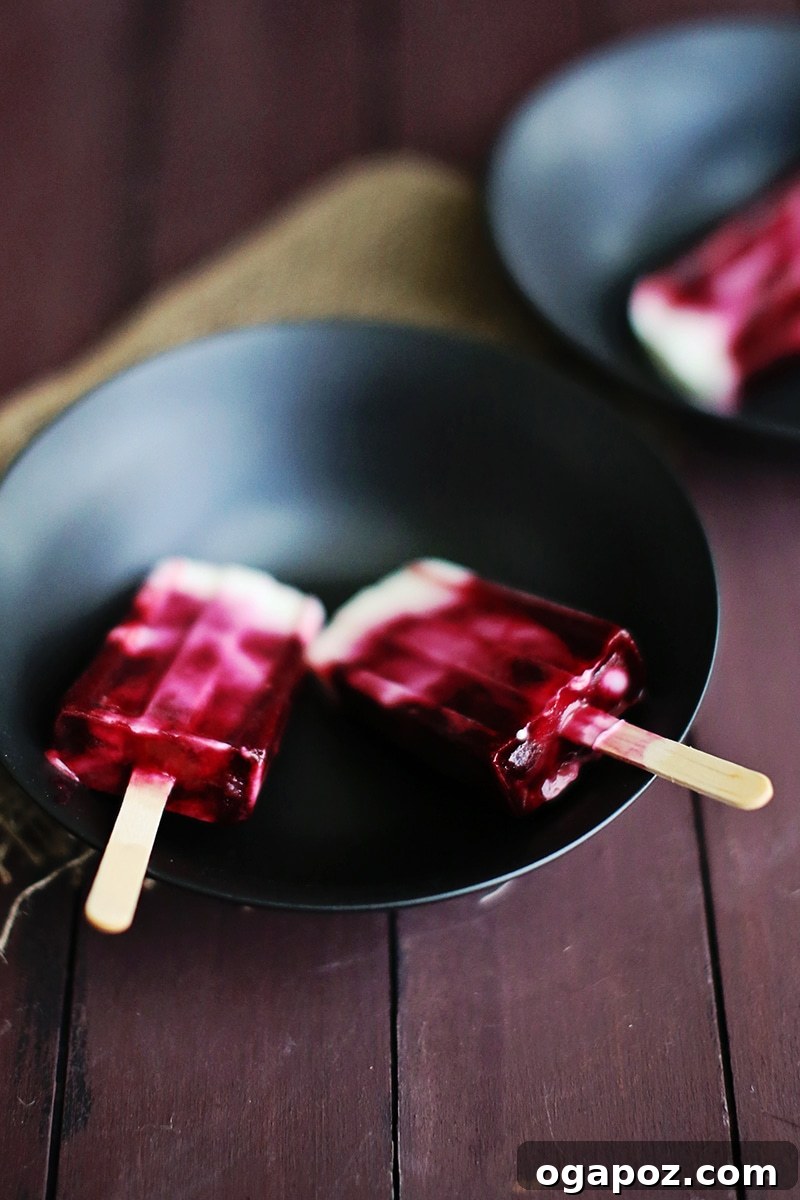 Blackberry Ripple Froyo Pops 4 A set of sleek, modern popsicle molds, waiting to be filled with delicious fruit and yogurt mixtures.