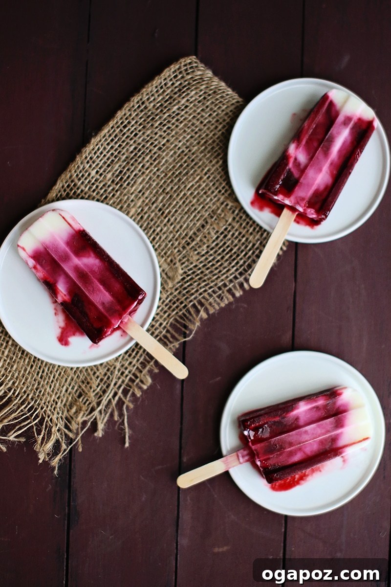 Blackberry Ripple Froyo Pops 5 A beautifully swirled raspberry and yogurt popsicle, glistening with frost, being carefully removed from its mold.