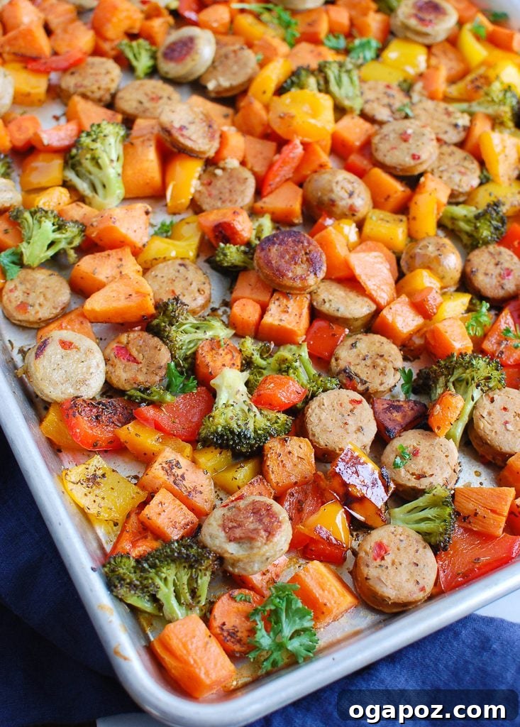 Flavorful One-Pan Chicken Sausage and Roasted Vegetables 2 Colorful Sheet Pan Chicken Sausage and Vegetables on a baking sheet, ready for roasting