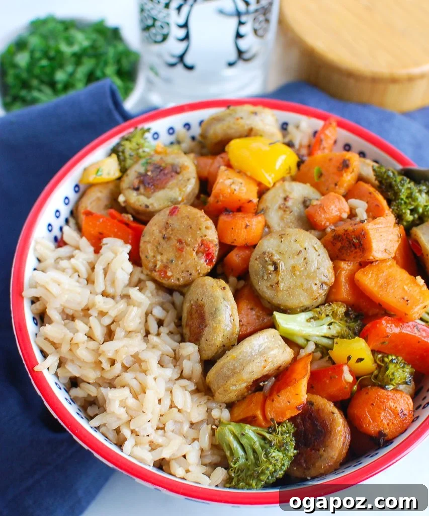 Flavorful One-Pan Chicken Sausage and Roasted Vegetables 6 A bowl of roasted Sheet Pan Chicken Sausage and Vegetables, ready to be served.