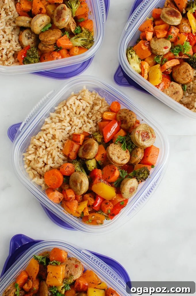 Flavorful One-Pan Chicken Sausage and Roasted Vegetables 8 Portioned Sheet Pan Chicken Sausage and Vegetables in Tupperware containers for meal prep.
