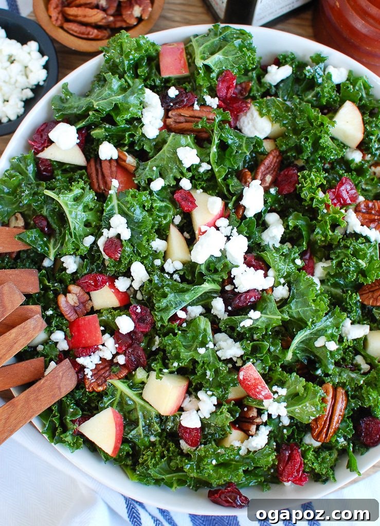 Serving Kale Salad with Cranberries with wooden tongs