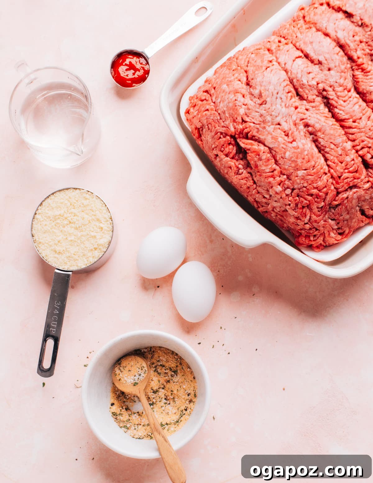 Ultimate Meatloaf Flavor Mix 5 All the ingredients for making meatloaf, including the mixed seasoning, ready in a large bowl.