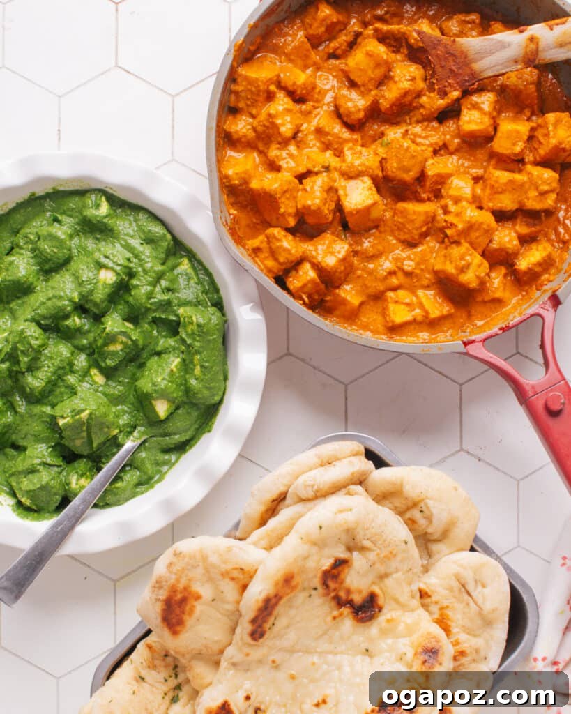Velvety Palak Paneer 3 Palak Paneer and Butter Paneer recipes served with fluffy naan bread.