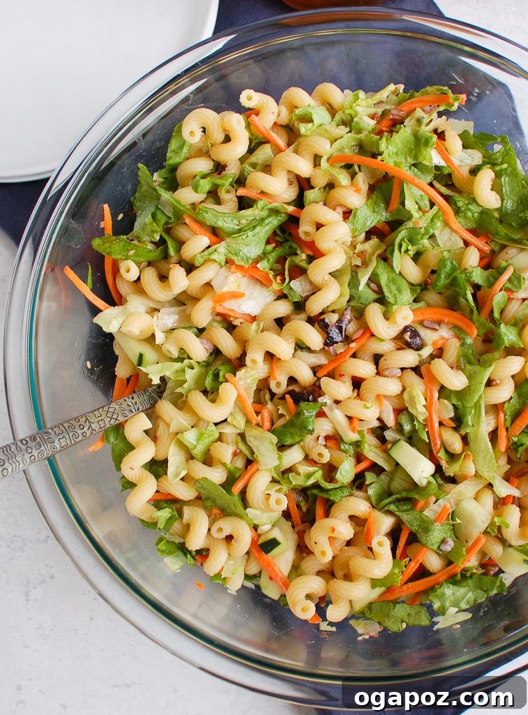 Sesame Ginger Pasta Salad 3 Close-up of Asian Pasta Salad being scooped with a spoon, showing its rich texture and colorful ingredients.
