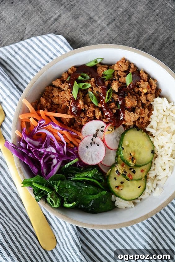 37 Delicious Ways to Enjoy Healthy Ground Turkey 13 Ground Turkey Korean Rice Bowls with fresh vegetables.