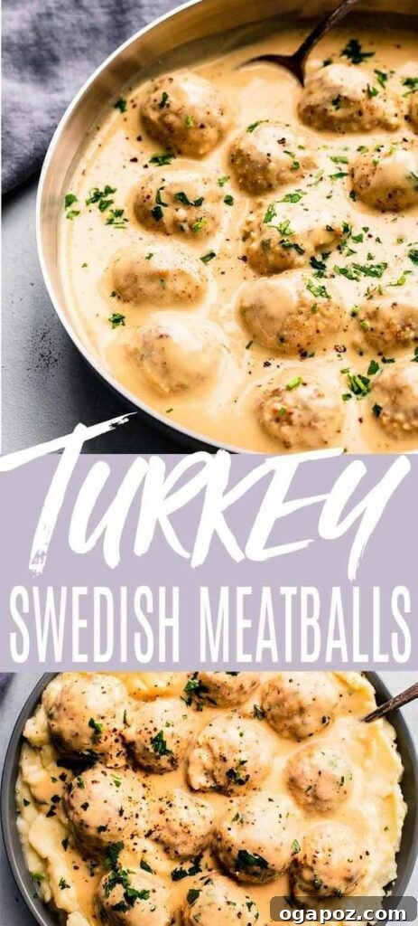 37 Delicious Ways to Enjoy Healthy Ground Turkey 20 Swedish Turkey Meatballs in a creamy sauce, garnished with parsley.