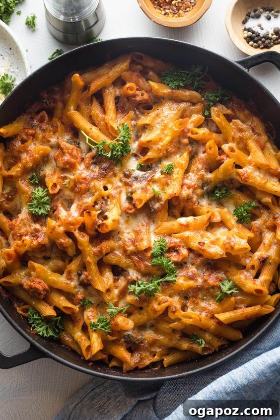 37 Delicious Ways to Enjoy Healthy Ground Turkey 33 Turkey Pasta Bake, golden and bubbling from the oven.