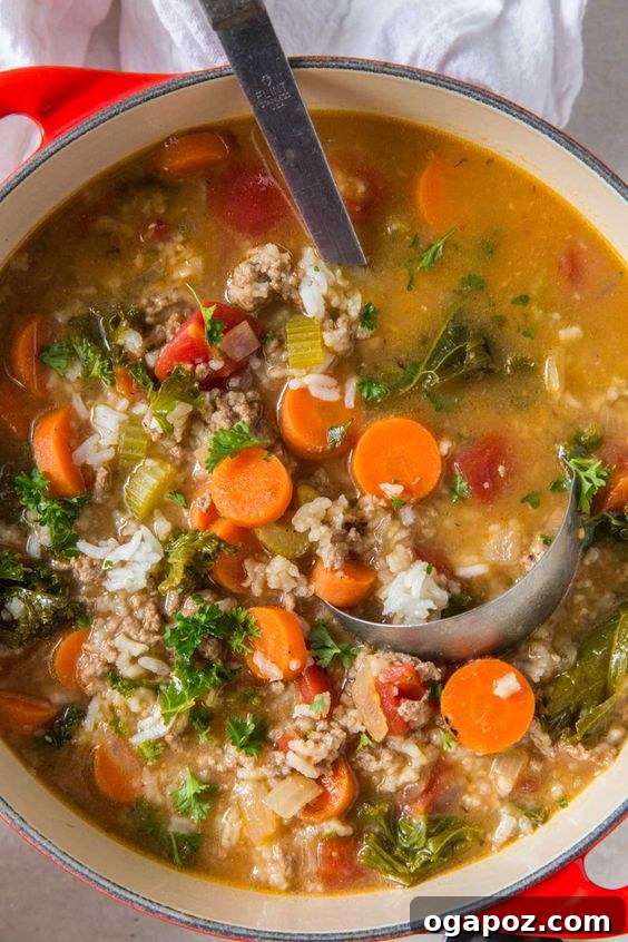 37 Delicious Ways to Enjoy Healthy Ground Turkey 39 Ground Turkey Soup with Kale and Rice, a comforting bowl.