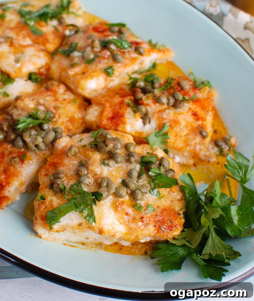 Zesty Lemon Cod Bake 5 Baked Cod with Lemon, garnished with fresh Italian parsley.