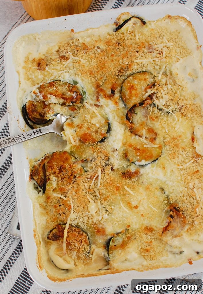 Golden Zucchini Bake 3 A close-up of Zucchini Gratin with a serving spoon, showcasing its layers of vegetables, creamy sauce, and crispy topping.