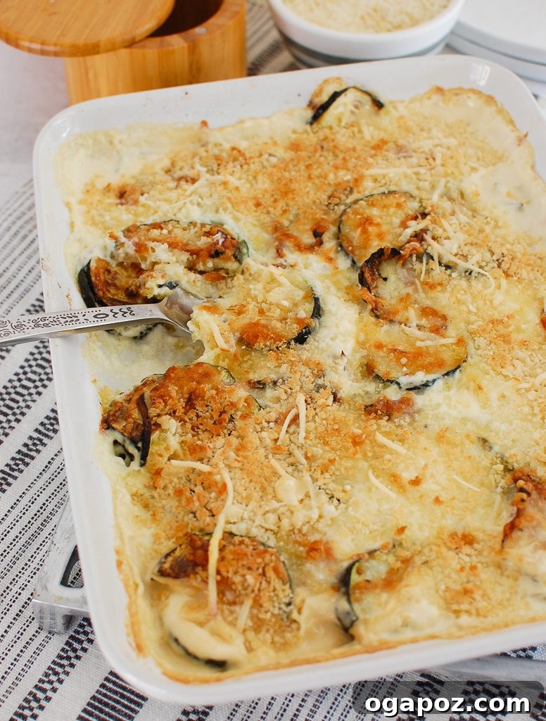Golden Zucchini Bake 4 Zucchini Gratin in a white casserole dish, garnished with fresh herbs, ready to be served