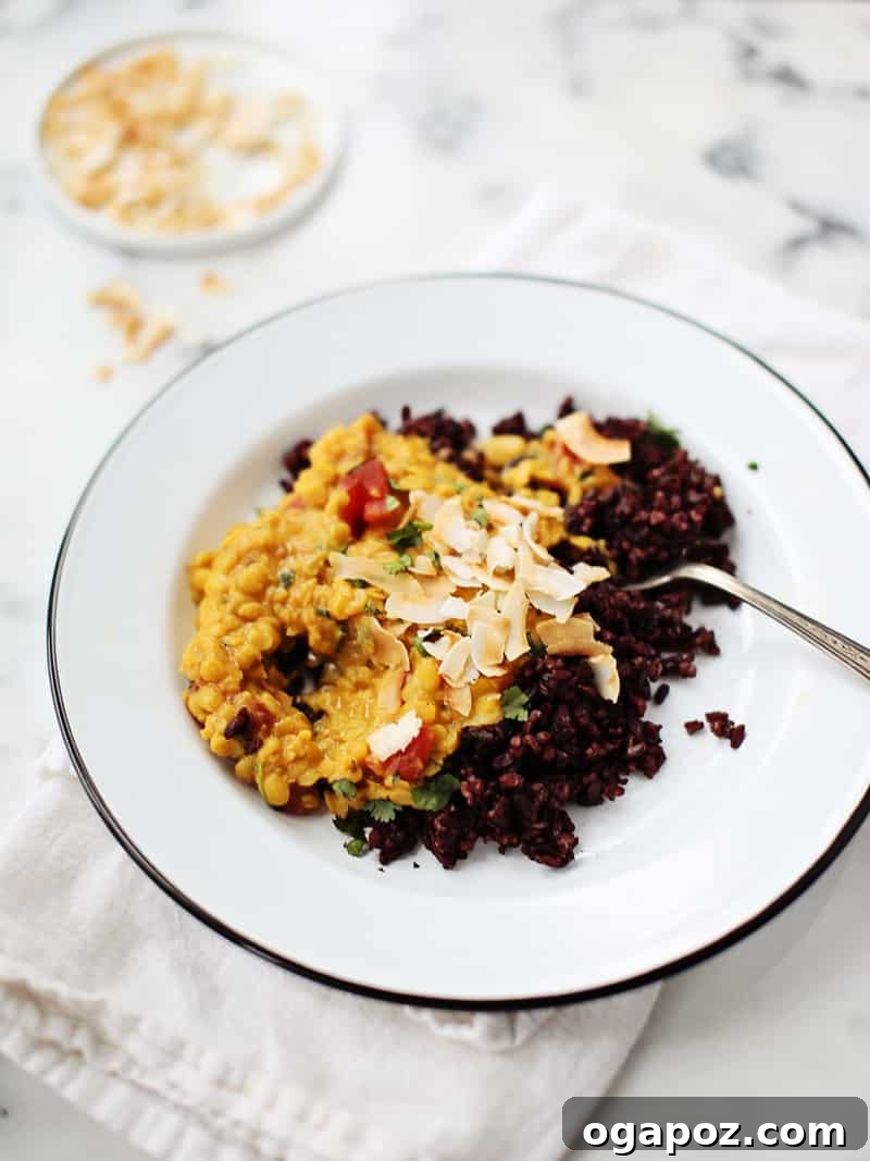 Velvety Coconut Lentil Delight 4 Ingredients for coconut curried lentils, including fresh ginger, garlic, onions, and various spices arranged on a rustic surface.