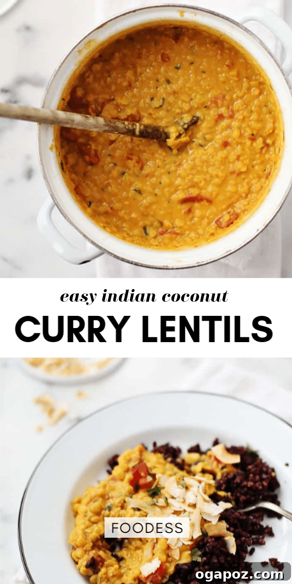 Velvety Coconut Lentil Delight 6 Tall Pinterest-friendly image of a serving of Coconut Curried Lentils, garnished beautifully with toasted coconut and fresh cilantro.