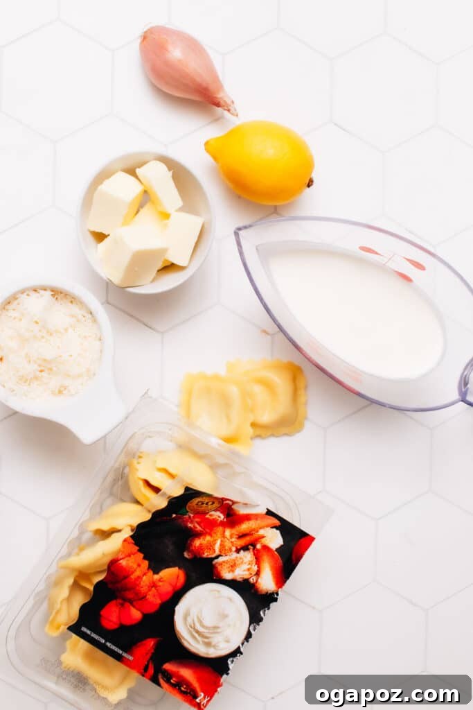 The Secret to Perfectly Cooked Fresh Ravioli 3 Measured lobster ravioli ingredients laid out neatly on a kitchen counter, ready for preparation.
