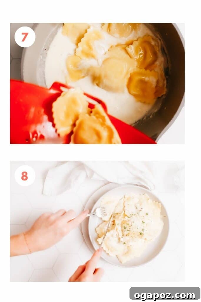 The Secret to Perfectly Cooked Fresh Ravioli 4 Close-up of steps for making lobster ravioli sauce, showing ingredients being combined in a pan.
