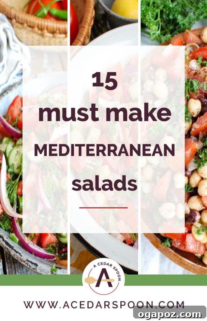 15 Irresistible Mediterranean Salad Recipes 2 Three colorful and appealing Mediterranean salads displayed side by side: a vibrant pasta salad, a fresh bean salad, and a green leafy salad with various vegetables.