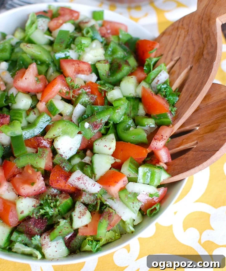 A simple and vibrant Easy Lebanese Salad, showcasing finely chopped tomatoes, cucumbers, and fresh mint, emblematic of Lebanese cuisine.