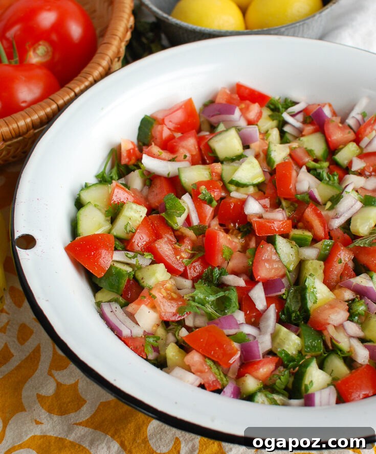 A simple yet utterly vibrant Israeli Salad, featuring finely diced cucumbers, tomatoes, and red onion, often served with a squeeze of lemon and fresh herbs.
