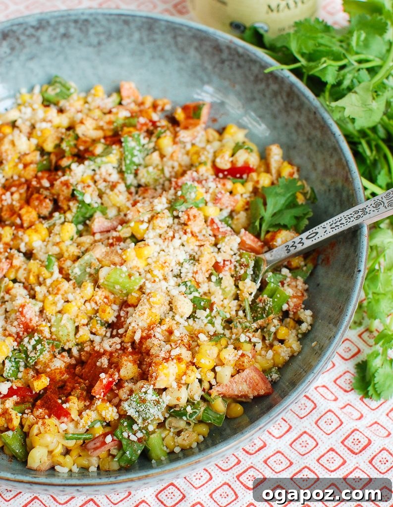 Fiesta Street Corn Salad 2 Vibrant Mexican Street Corn Salad in a teal bowl, ready to serve